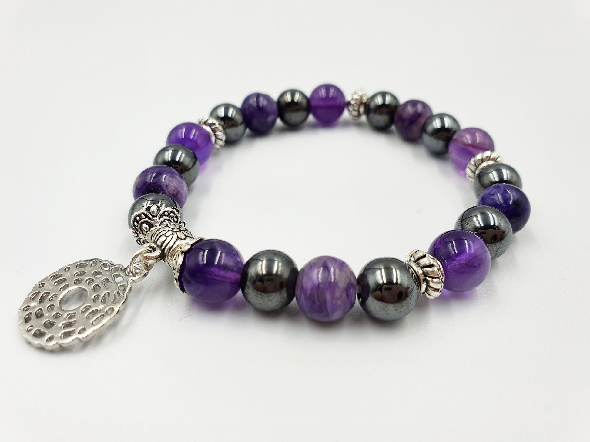Insomnia Support Crystal Healing Bracelet with Chakra Charm (Amethyst, Hematite and Charoite)