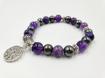 Insomnia Support Crystal Healing Bracelet with Chakra Charm (Amethyst, Hematite and Charoite)