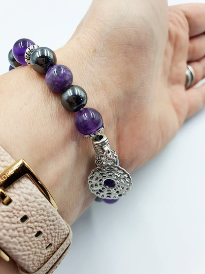 Insomnia Support Crystal Healing Bracelet with Chakra Charm (Amethyst, Hematite and Charoite)