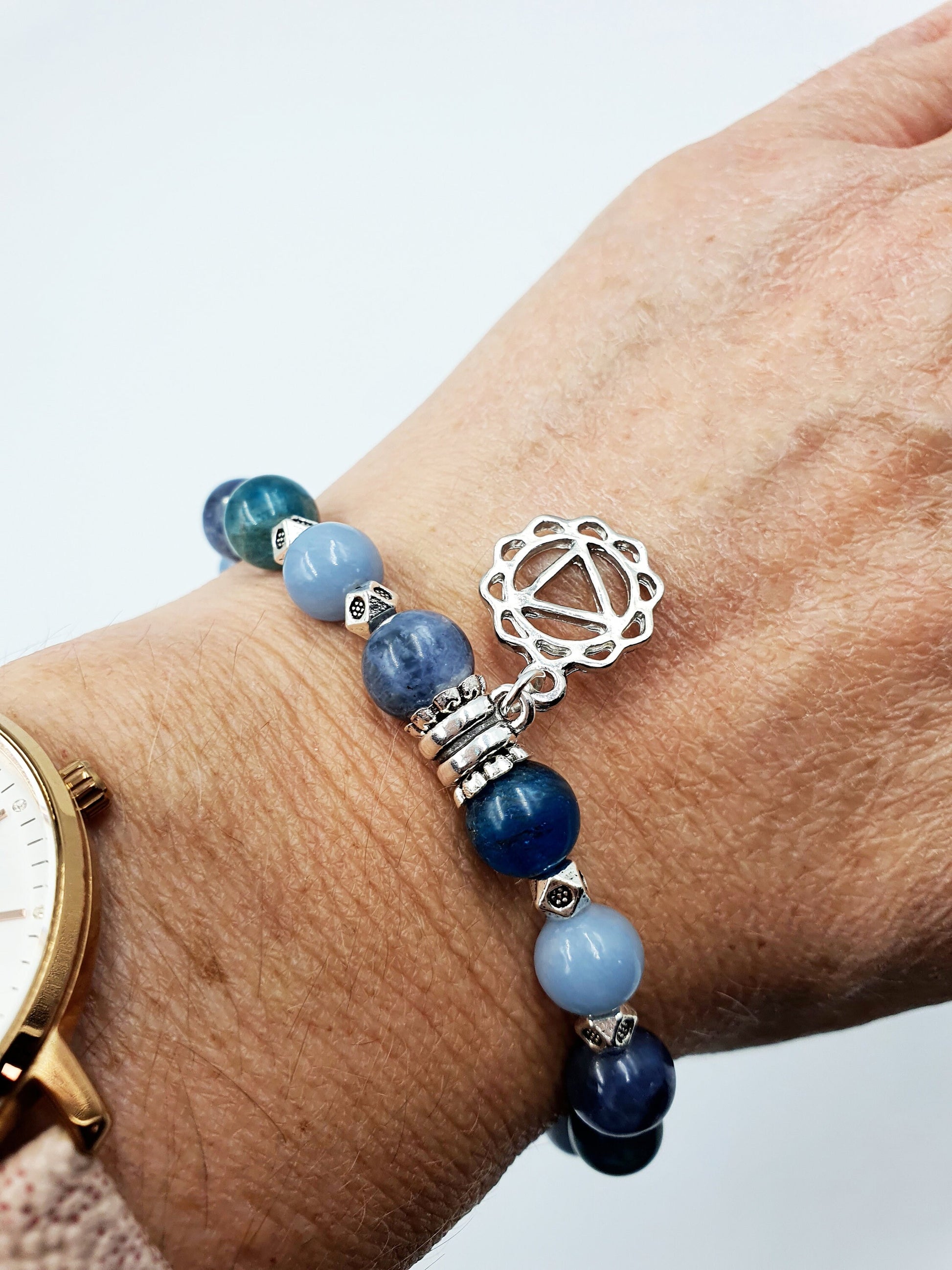 Weight Loss and Maintenance Crystal Healing Bracelet with Chakra Charm (Angelite, Blue Apatite and Sodalite)