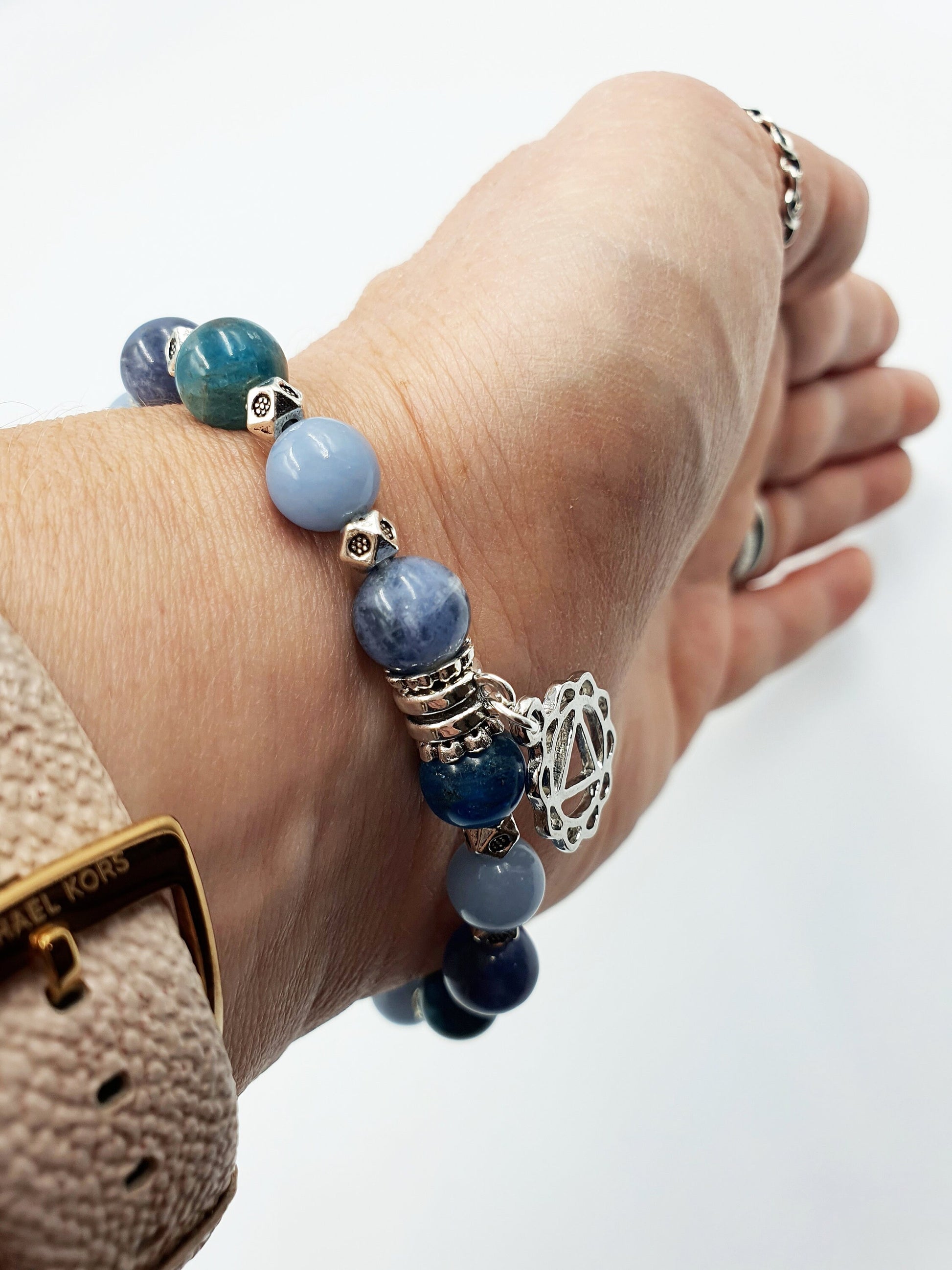 Weight Loss and Maintenance Crystal Healing Bracelet with Chakra Charm (Angelite, Blue Apatite and Sodalite)