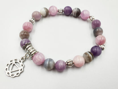 Depression Support Crystal Healing Bracelet with Chakra Charm (Kunzite, Lepidolite and Botswana Agate)