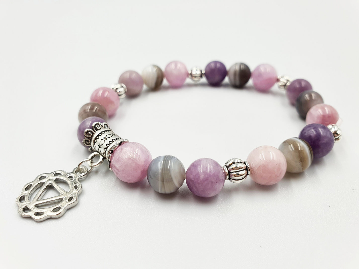 Depression Support Crystal Healing Bracelet with Chakra Charm (Kunzite, Lepidolite and Botswana Agate)