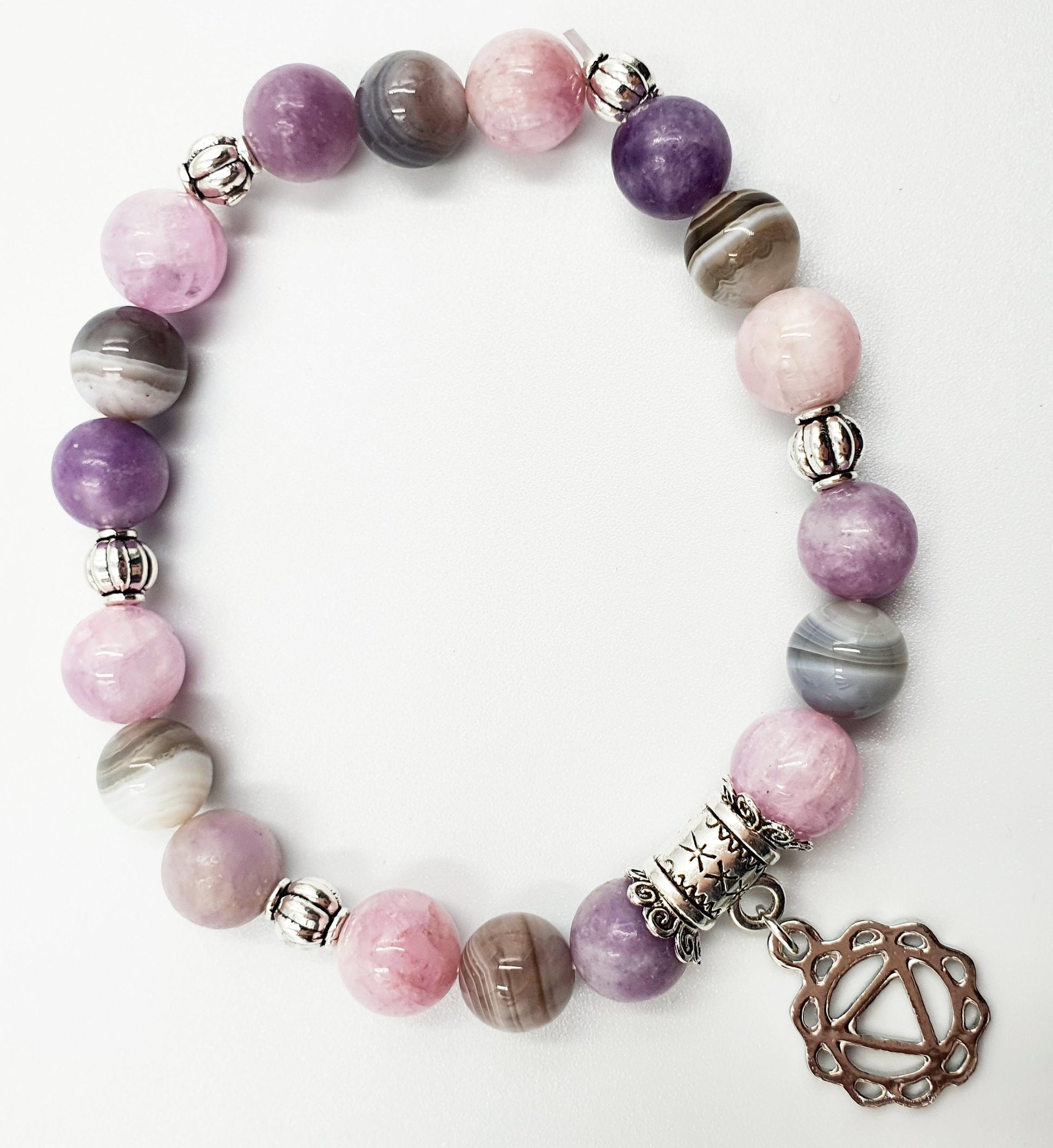 Depression Support Crystal Healing Bracelet with Chakra Charm (Kunzite, Lepidolite and Botswana Agate)