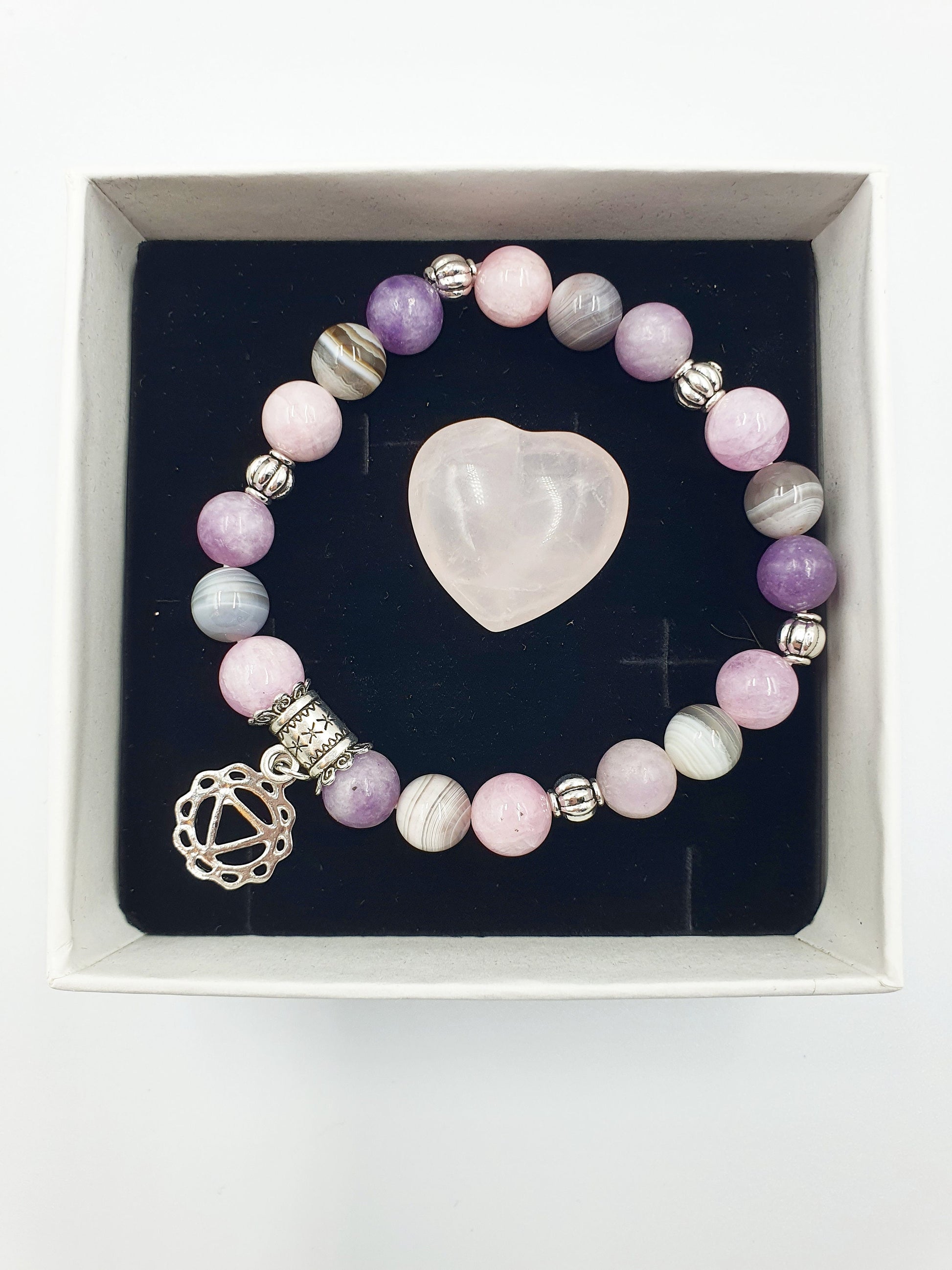 Depression Support Crystal Healing Bracelet with Chakra Charm (Kunzite, Lepidolite and Botswana Agate)
