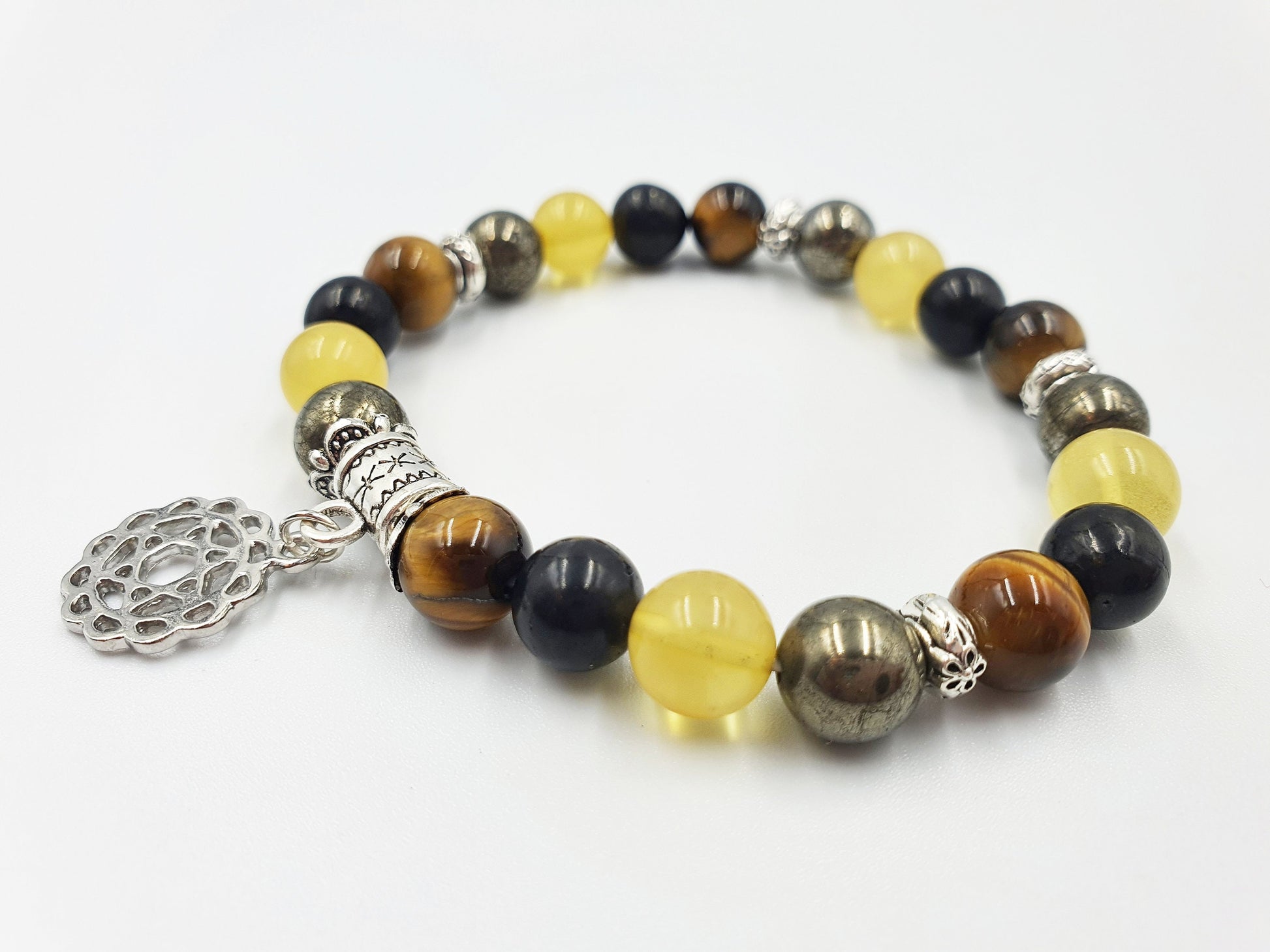 Asthma Crystal Healing Bracelet with Chakra Charm (Amber, pyrite, Tiger's Eye and Shungite)