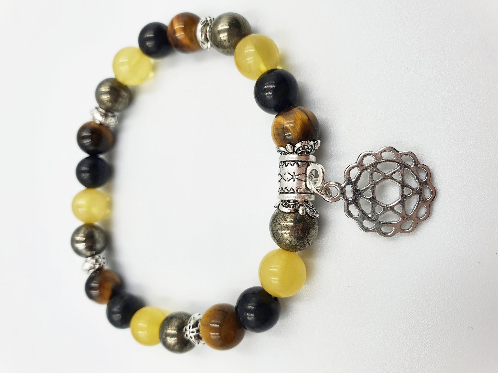 Asthma Crystal Healing Bracelet with Chakra Charm (Amber, pyrite, Tiger's Eye and Shungite)