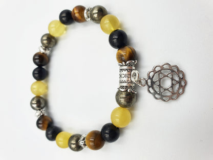 Asthma Crystal Healing Bracelet with Chakra Charm (Amber, pyrite, Tiger's Eye and Shungite)