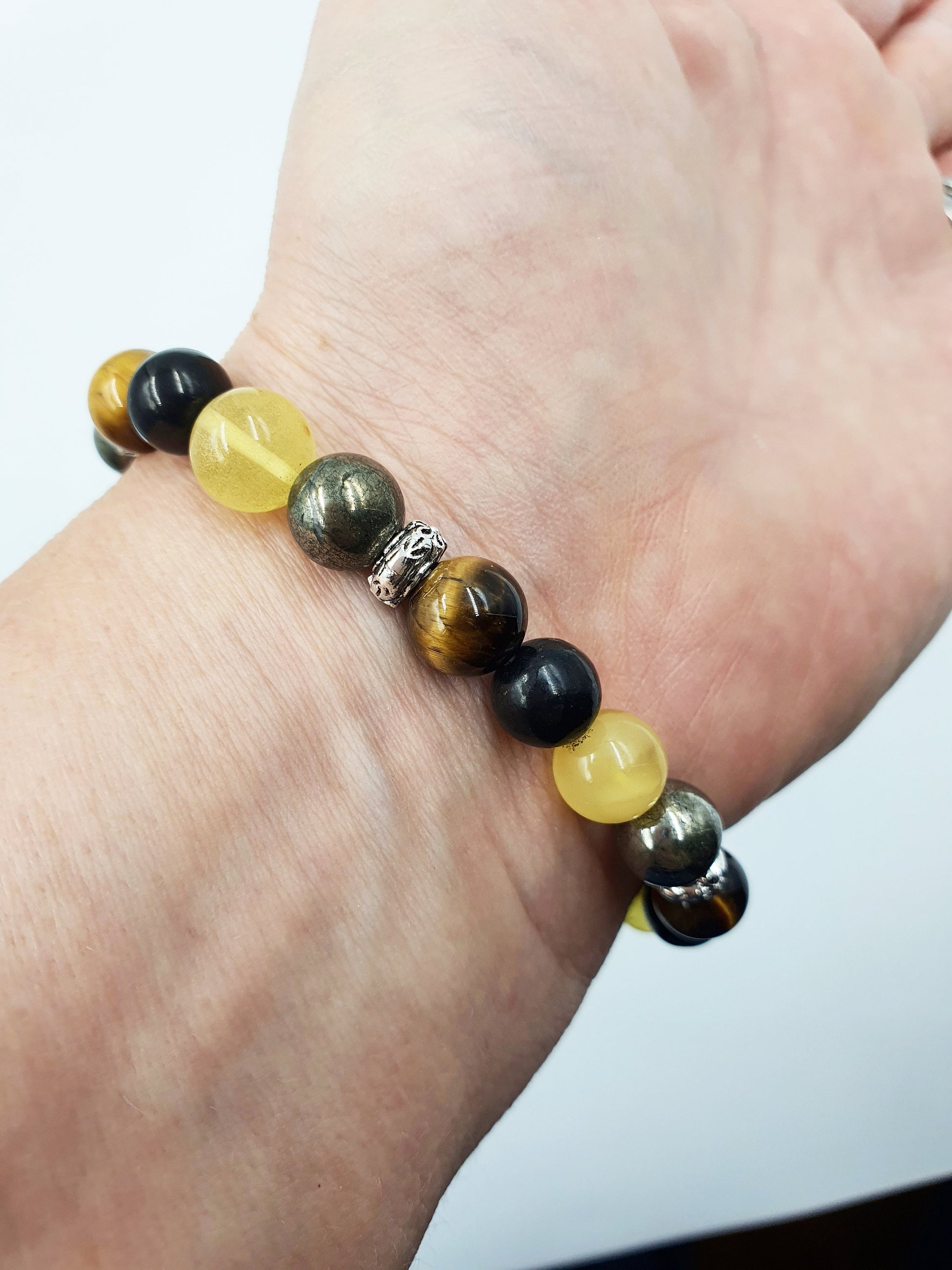 Asthma Crystal Healing Bracelet with Chakra Charm (Amber, pyrite, Tiger's Eye and Shungite)