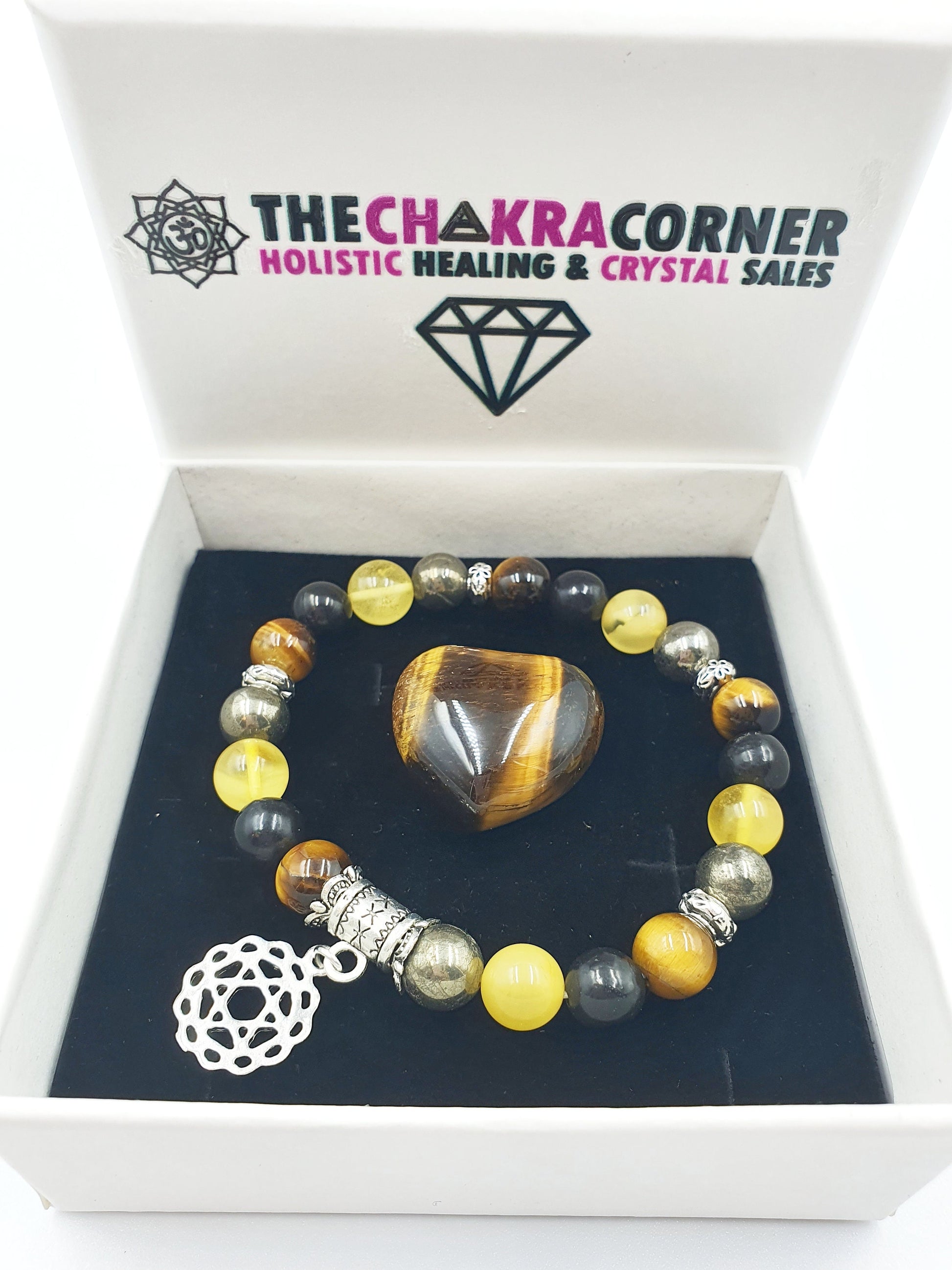 Asthma Crystal Healing Bracelet with Chakra Charm (Amber, pyrite, Tiger's Eye and Shungite)
