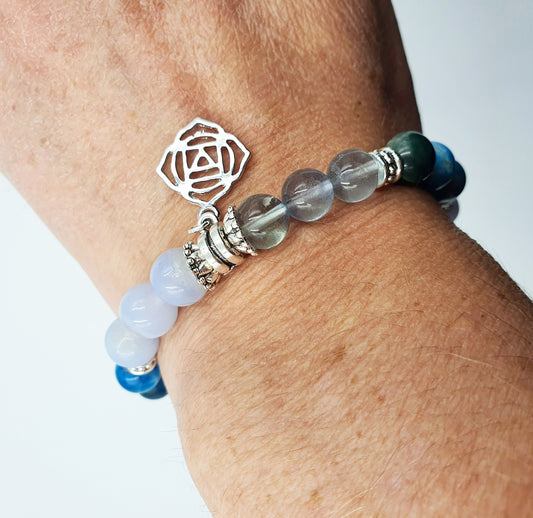 Arthritis Support Crystal Healing Bracelet with Chakra Charm (Blue Fluorite, Blue Apatite and Hematite)
