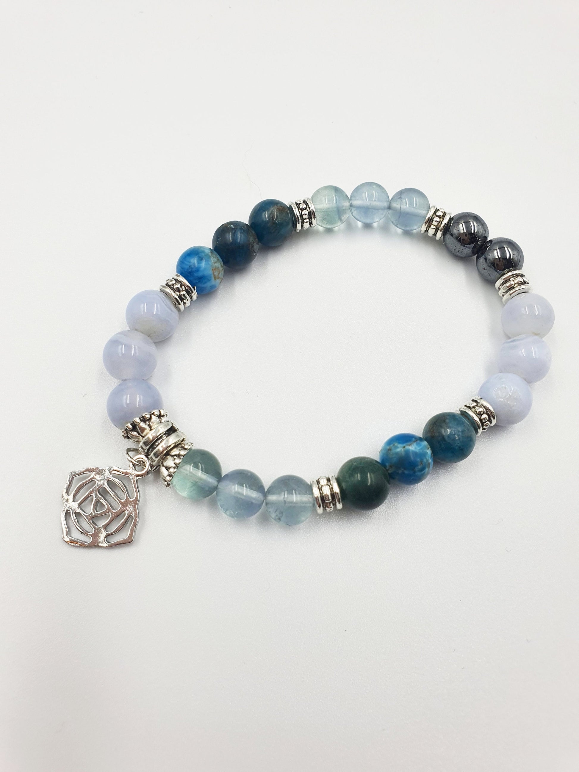 Arthritis Support Crystal Healing Bracelet with Chakra Charm (Blue Fluorite, Blue Apatite and Hematite)