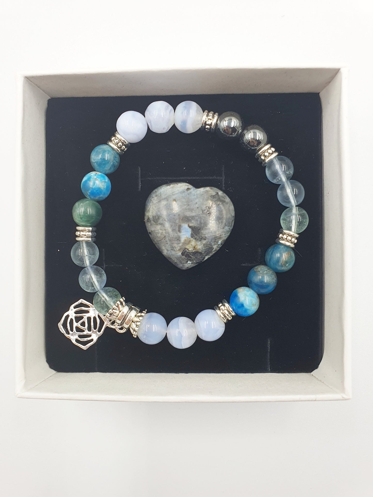 Arthritis Support Crystal Healing Bracelet with Chakra Charm (Blue Fluorite, Blue Apatite and Hematite)