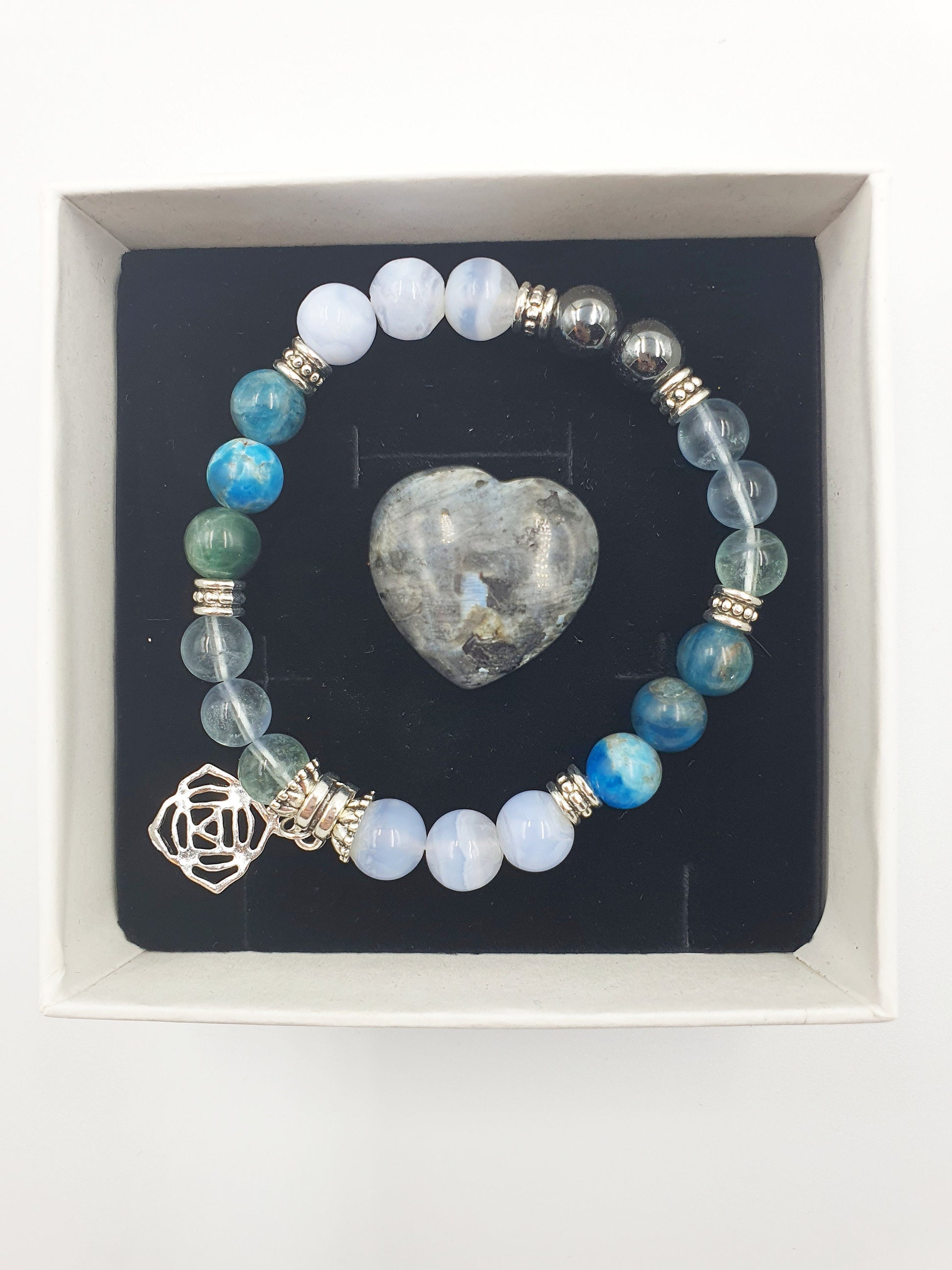 Arthritis Support Crystal Healing Bracelet with Chakra Charm (Blue Fluorite, Blue Apatite and Hematite)