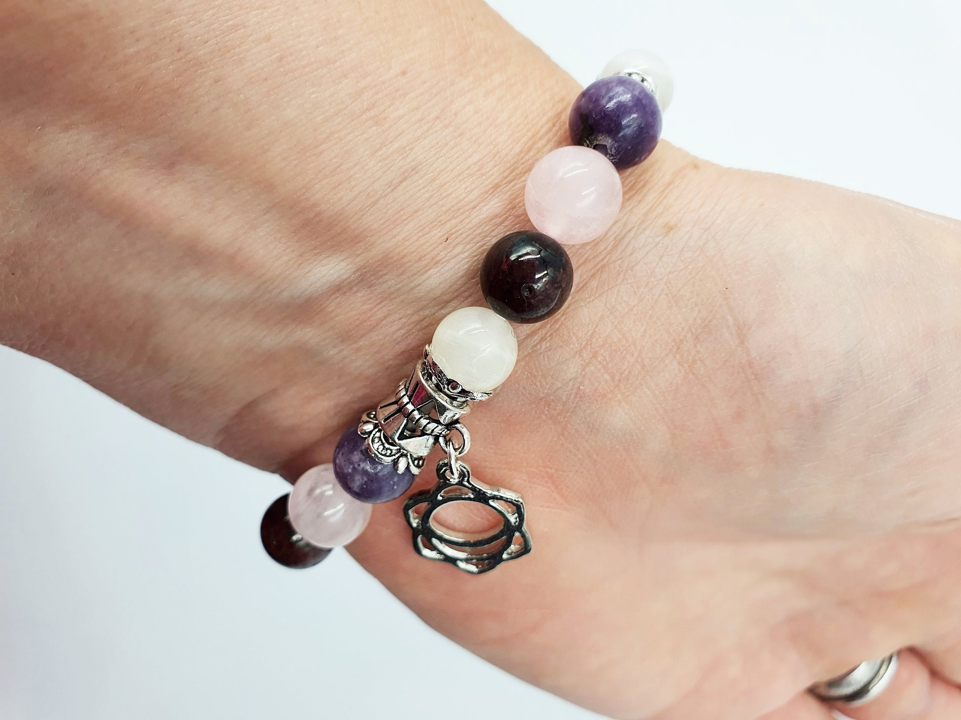Menopause Support Crystal Healing Bracelet with Chakra Charm (Garnet, Lepidolite, White Moonstone and Rose Quartz)