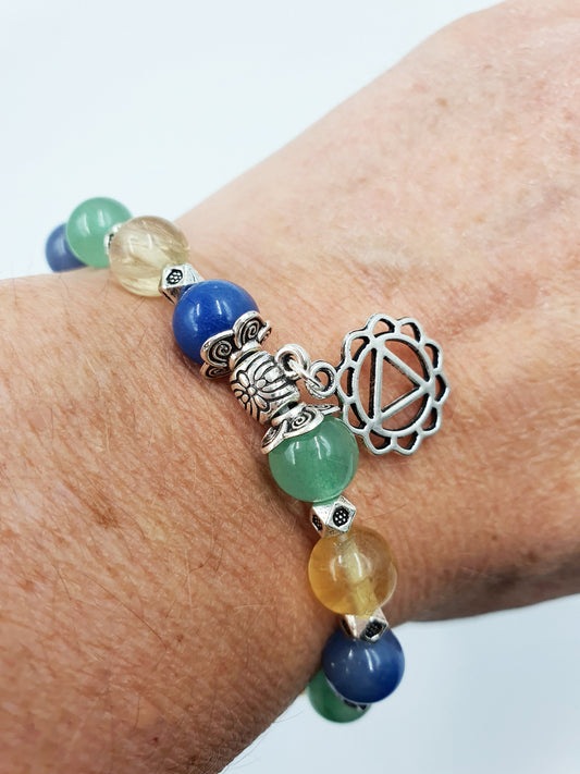 High Cholesterol Support Crystal Healing Bracelet with Chakra Charm (Blue Aventurine, Yellow Fluorite and Green Aventurine)