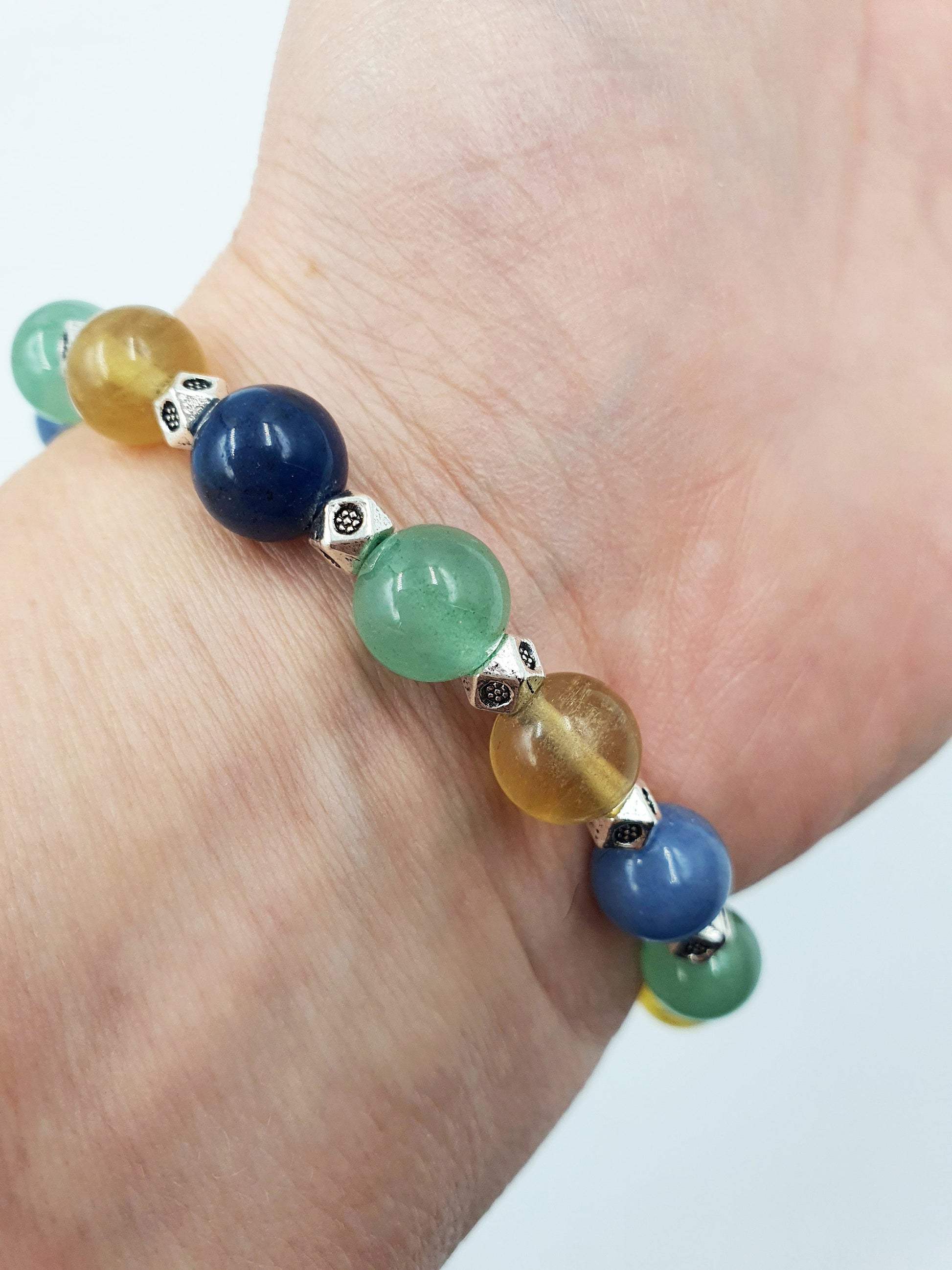 High Cholesterol Support Crystal Healing Bracelet with Chakra Charm (Blue Aventurine, Yellow Fluorite and Green Aventurine)
