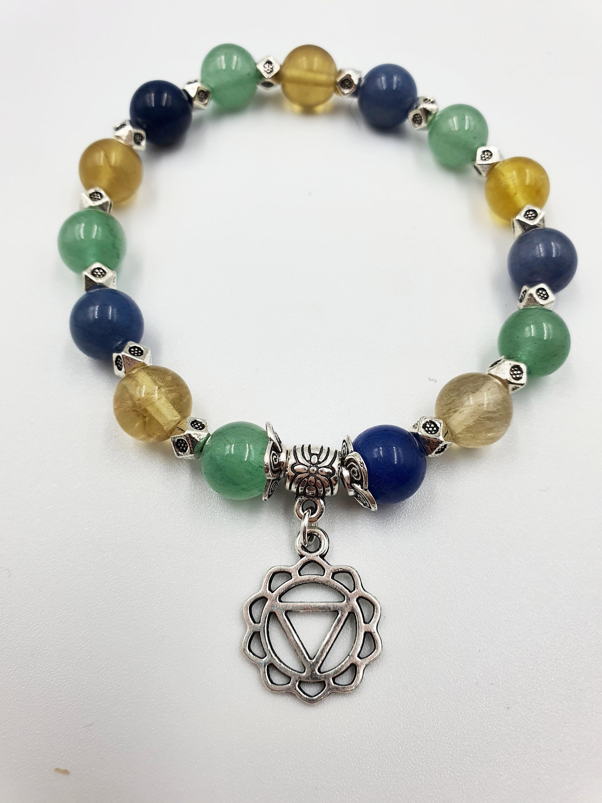 High Cholesterol Support Crystal Healing Bracelet with Chakra Charm (Blue Aventurine, Yellow Fluorite and Green Aventurine)