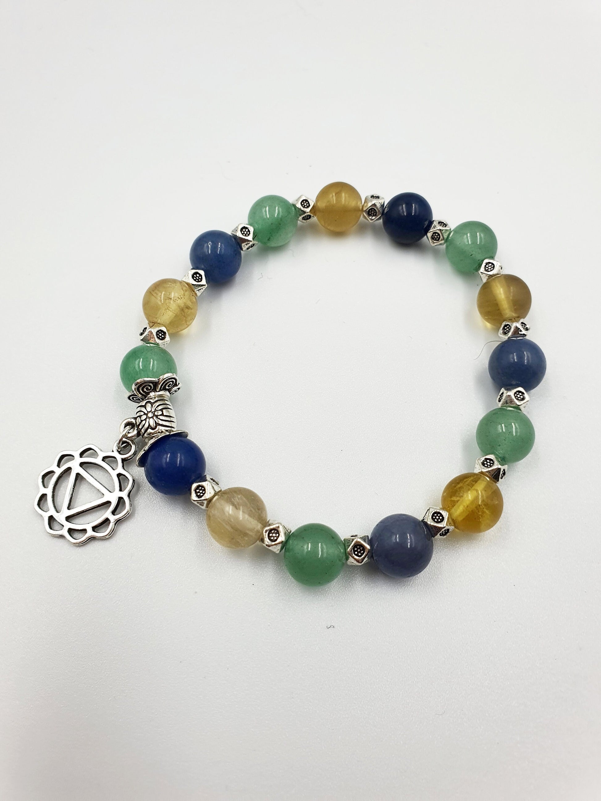 High Cholesterol Support Crystal Healing Bracelet with Chakra Charm (Blue Aventurine, Yellow Fluorite and Green Aventurine)