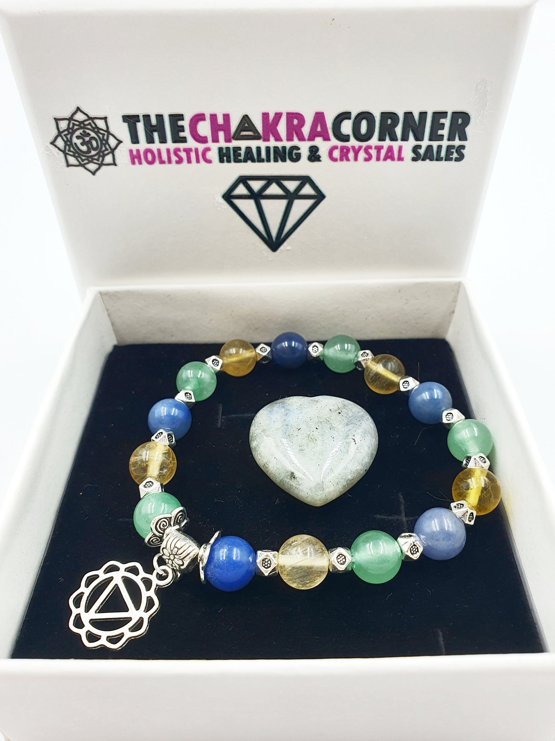 High Cholesterol Support Crystal Healing Bracelet with Chakra Charm (Blue Aventurine, Yellow Fluorite and Green Aventurine)