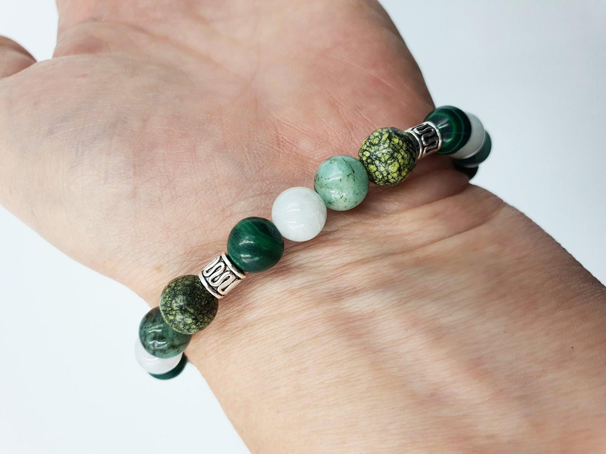 Diabetes Support Crystal Healing Bracelet with Chakra Charm (Emerald, Jade, Malachite and Serpentine)