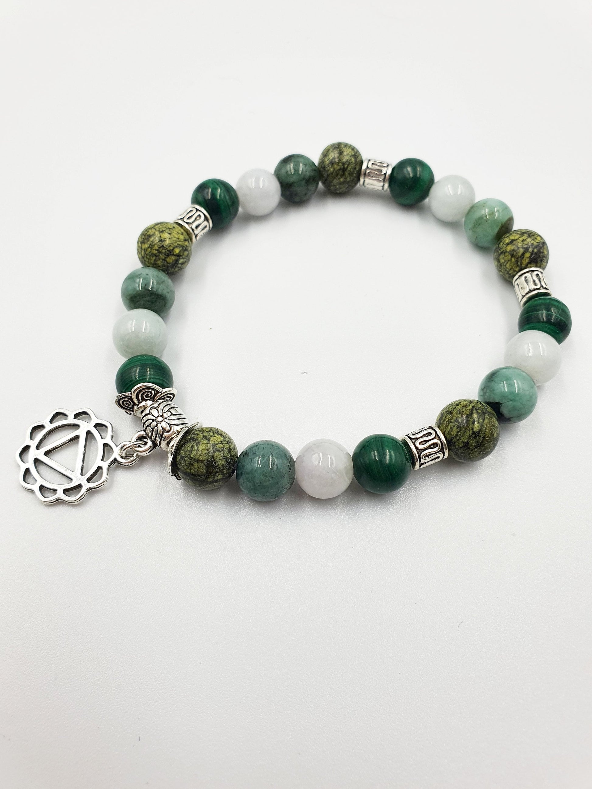 Diabetes Support Crystal Healing Bracelet with Chakra Charm (Emerald, Jade, Malachite and Serpentine)