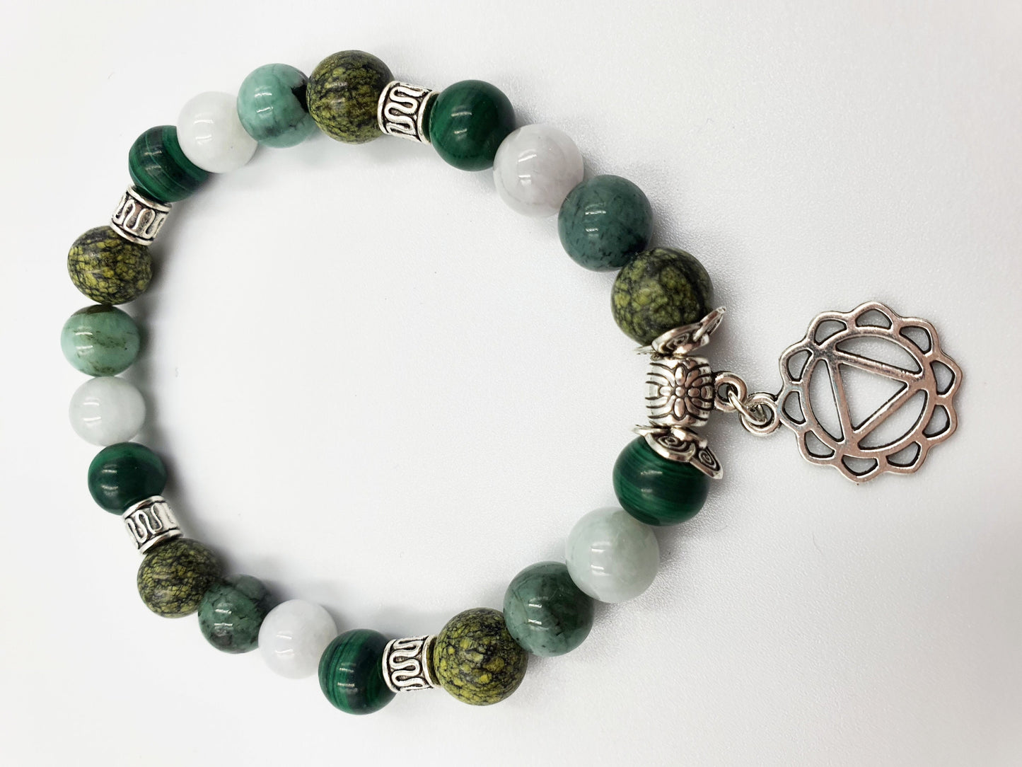 Diabetes Support Crystal Healing Bracelet with Chakra Charm (Emerald, Jade, Malachite and Serpentine)