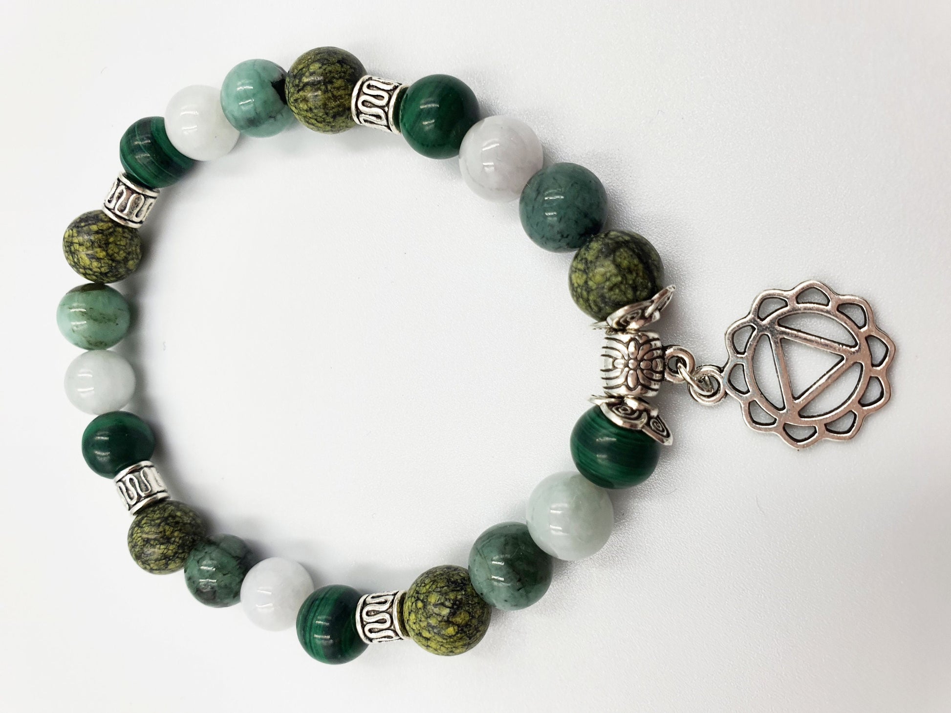 Diabetes Support Crystal Healing Bracelet with Chakra Charm (Emerald, Jade, Malachite and Serpentine)