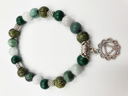 Diabetes Support Crystal Healing Bracelet with Chakra Charm (Emerald, Jade, Malachite and Serpentine)