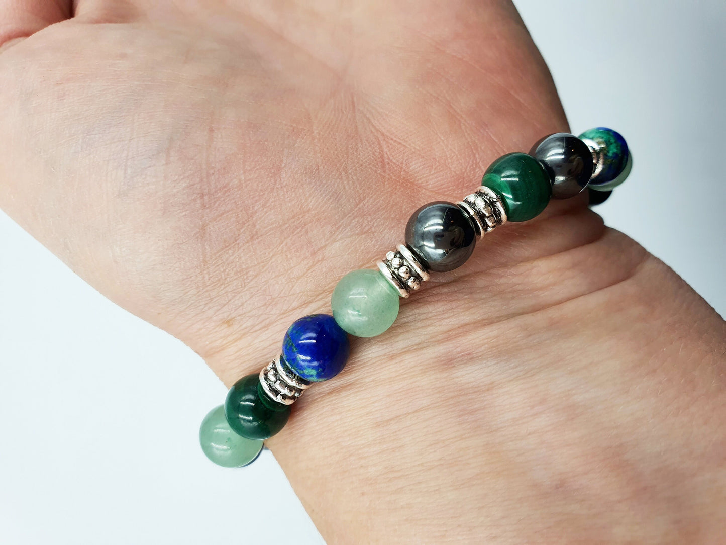 Eczema Relief Support Crystal Healing Bracelet with Chakra Charm (Azurite, Malachite, Hematite and Green Aventurine) - Custom sizes Avail.