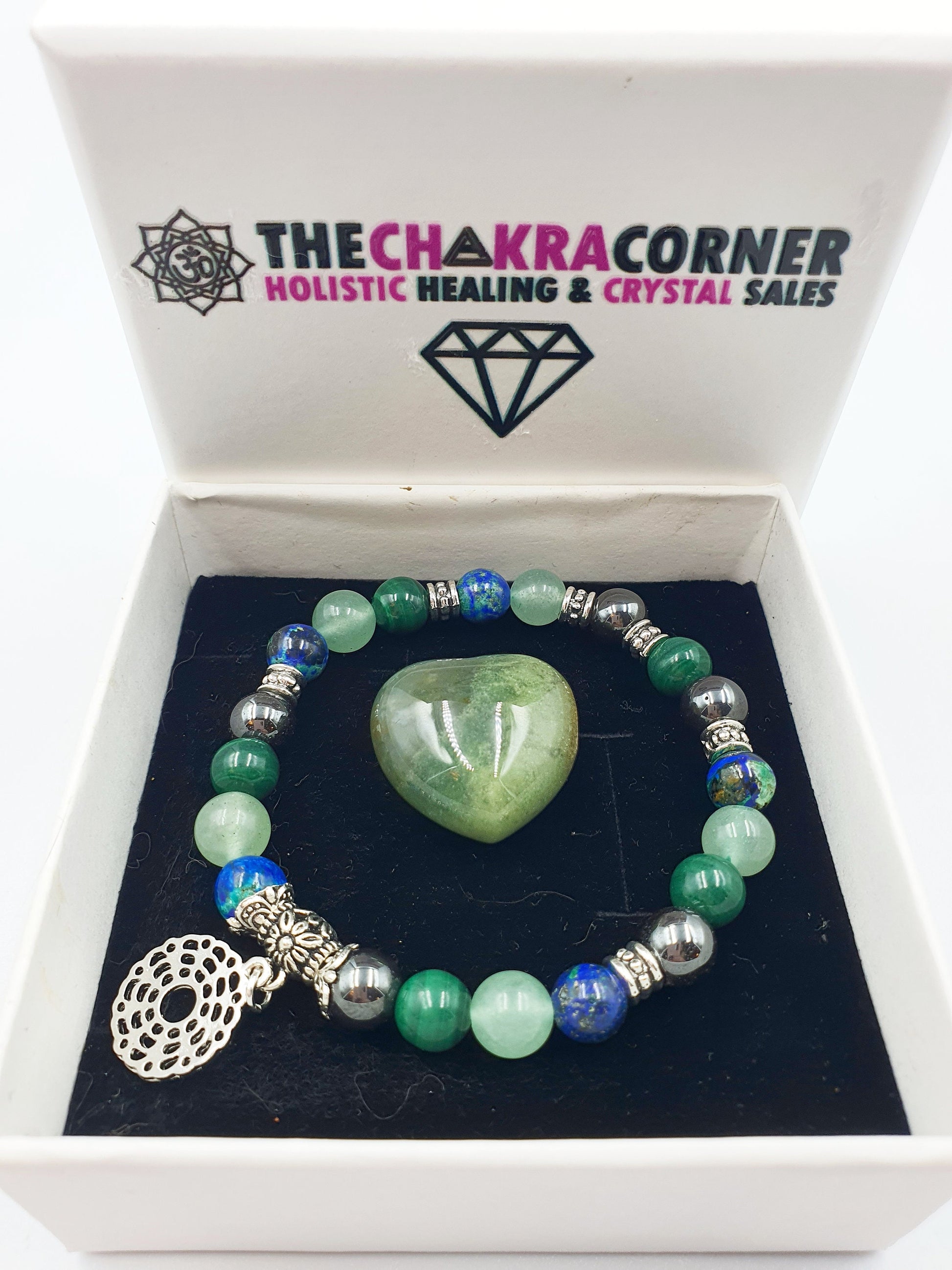 Eczema Relief Support Crystal Healing Bracelet with Chakra Charm (Azurite, Malachite, Hematite and Green Aventurine) - Custom sizes Avail.