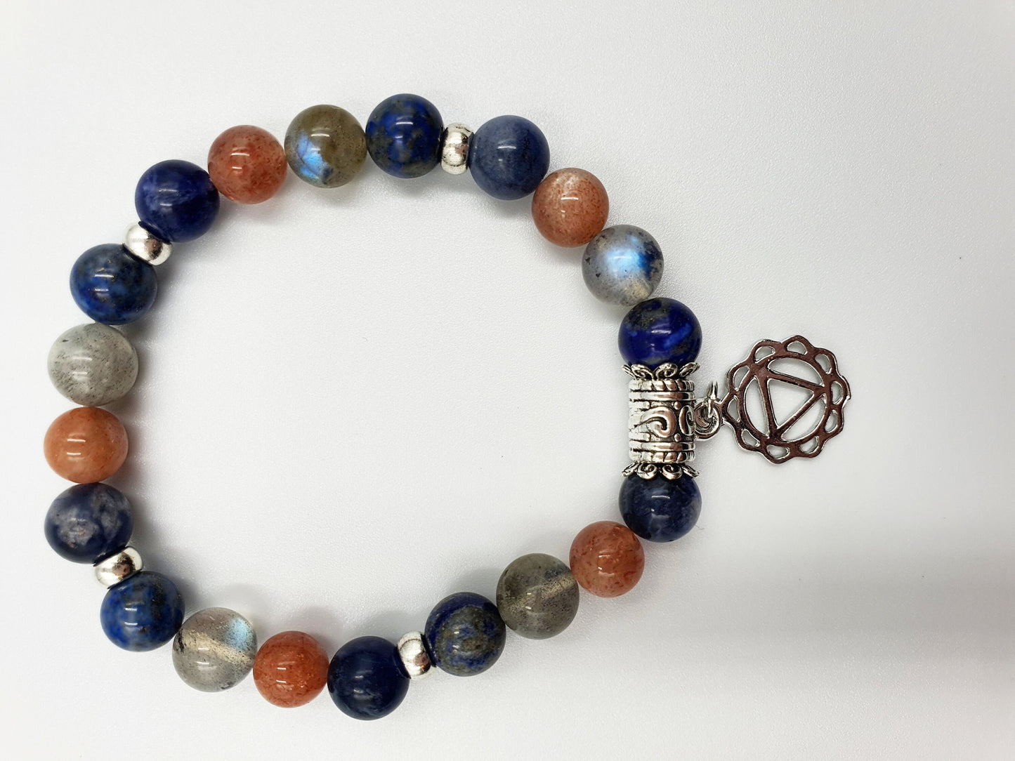 Happiness Booster Support Crystal Healing Bracelet with Chakra Charm (Lapis Lazuli, Sunstone, Sodalite and Labradorite)