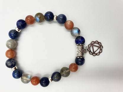 Happiness Booster Support Crystal Healing Bracelet with Chakra Charm (Lapis Lazuli, Sunstone, Sodalite and Labradorite)