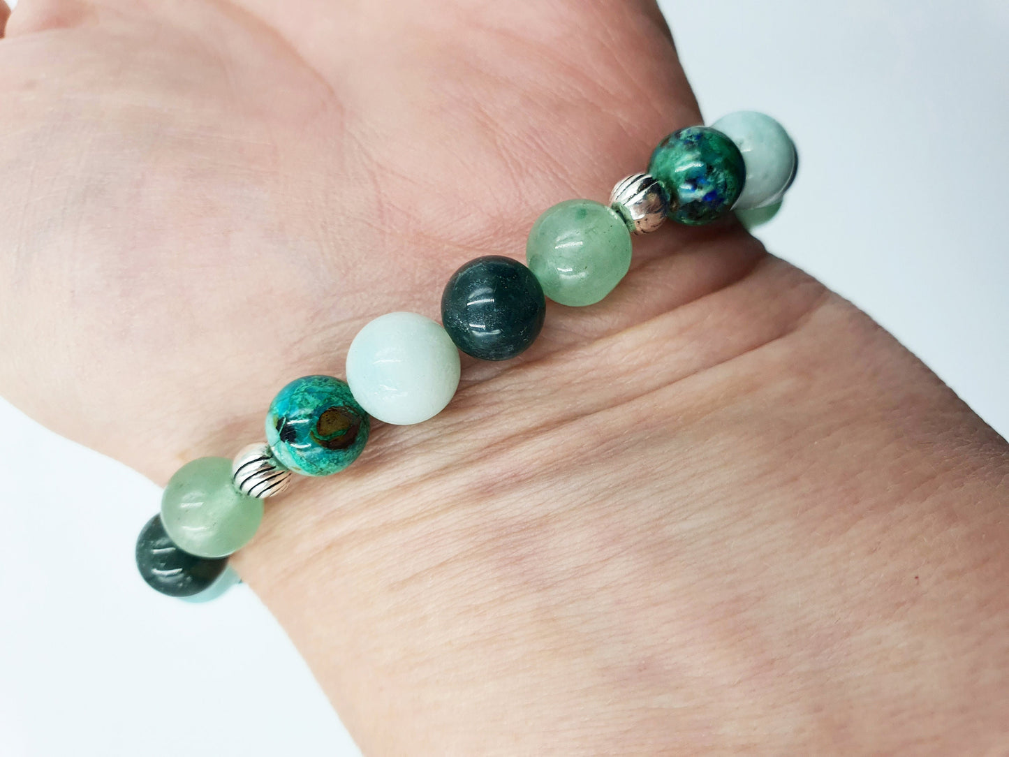 Depression and Anxiety Support Crystal Healing Bracelet with Chakra Charm (Turquoise, Moss Agate, Calcite and Green Aventurine)
