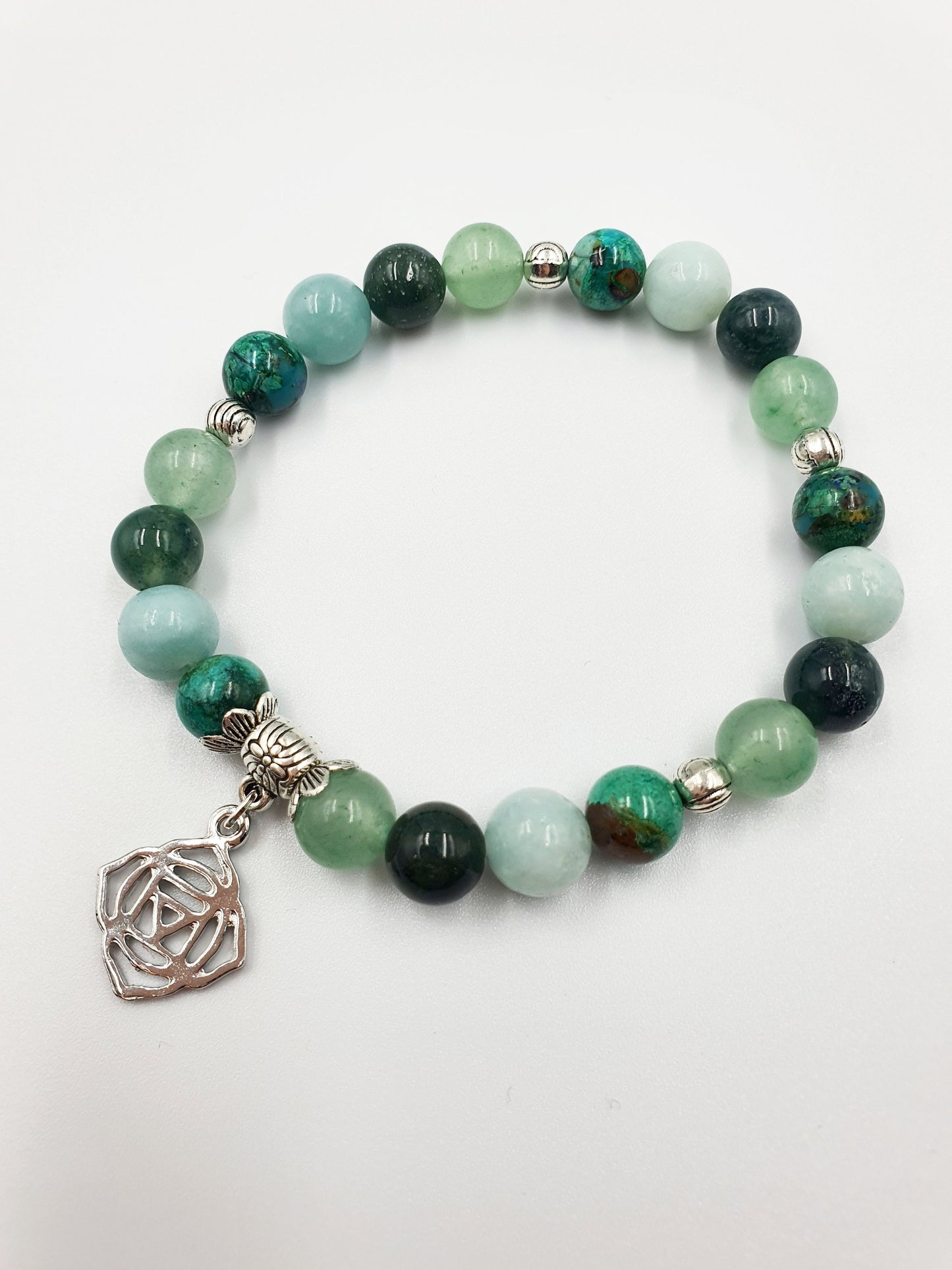Depression and Anxiety Support Crystal Healing Bracelet with Chakra Charm (Turquoise, Moss Agate, Calcite and Green Aventurine)