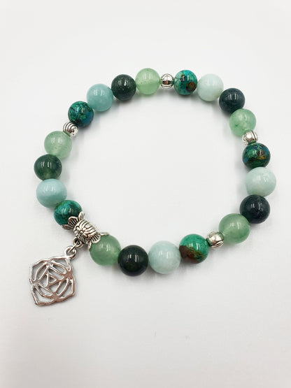 Depression and Anxiety Support Crystal Healing Bracelet with Chakra Charm (Turquoise, Moss Agate, Calcite and Green Aventurine)