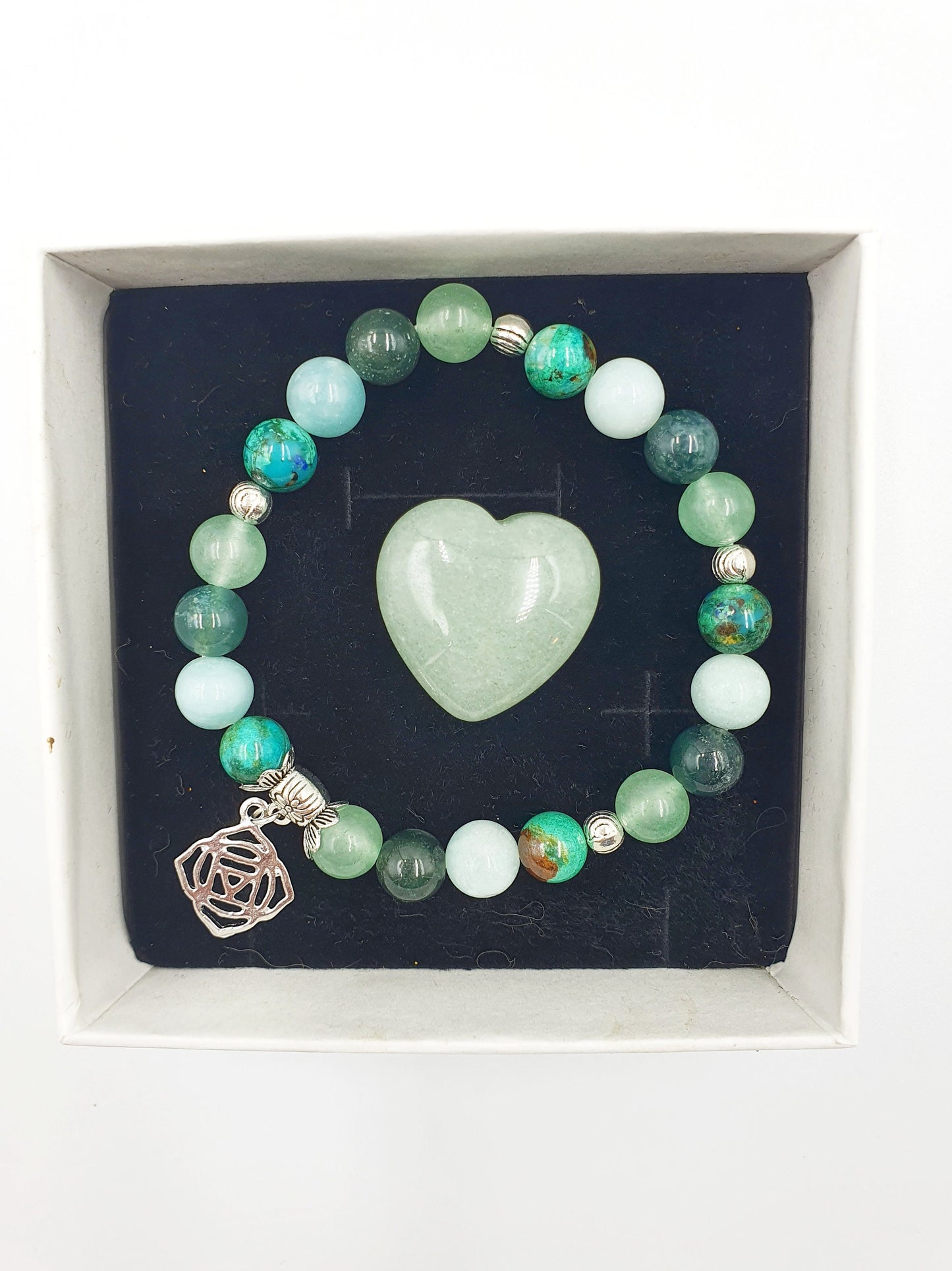 Depression and Anxiety Support Crystal Healing Bracelet with Chakra Charm (Turquoise, Moss Agate, Calcite and Green Aventurine)
