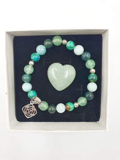 Depression and Anxiety Support Crystal Healing Bracelet with Chakra Charm (Turquoise, Moss Agate, Calcite and Green Aventurine)