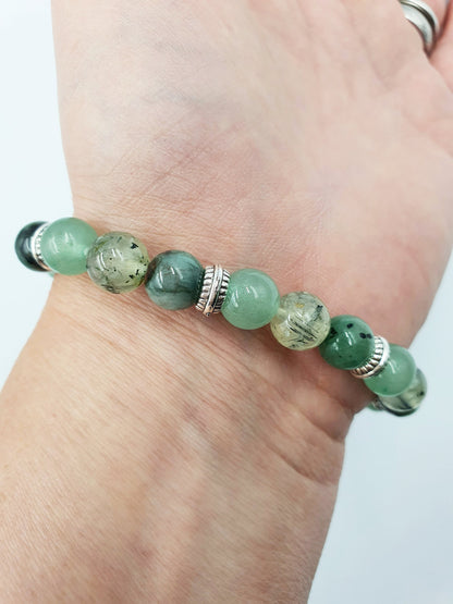 Lung Health Support Crystal Healing Bracelet with Chakra Charm (Emerald, Prehnite and Green Aventurine)