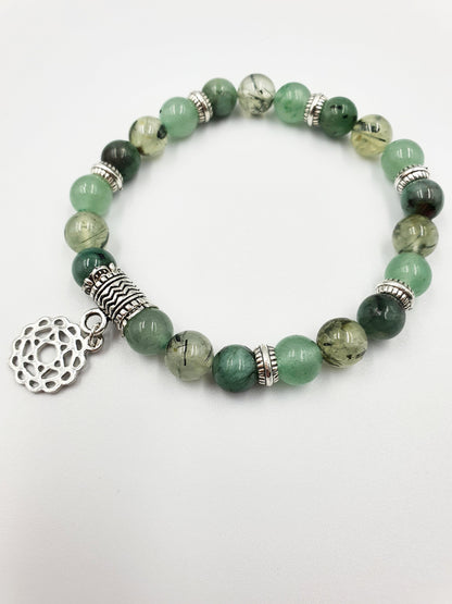 Lung Health Support Crystal Healing Bracelet with Chakra Charm (Emerald, Prehnite and Green Aventurine)