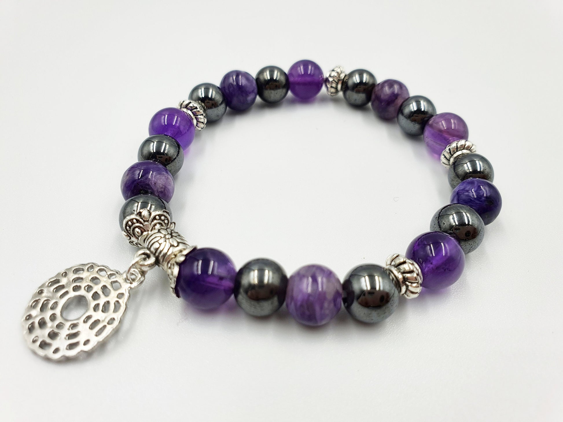Insomnia Support Crystal Healing Bracelet with Chakra Charm (Amethyst, Hematite and Charoite)