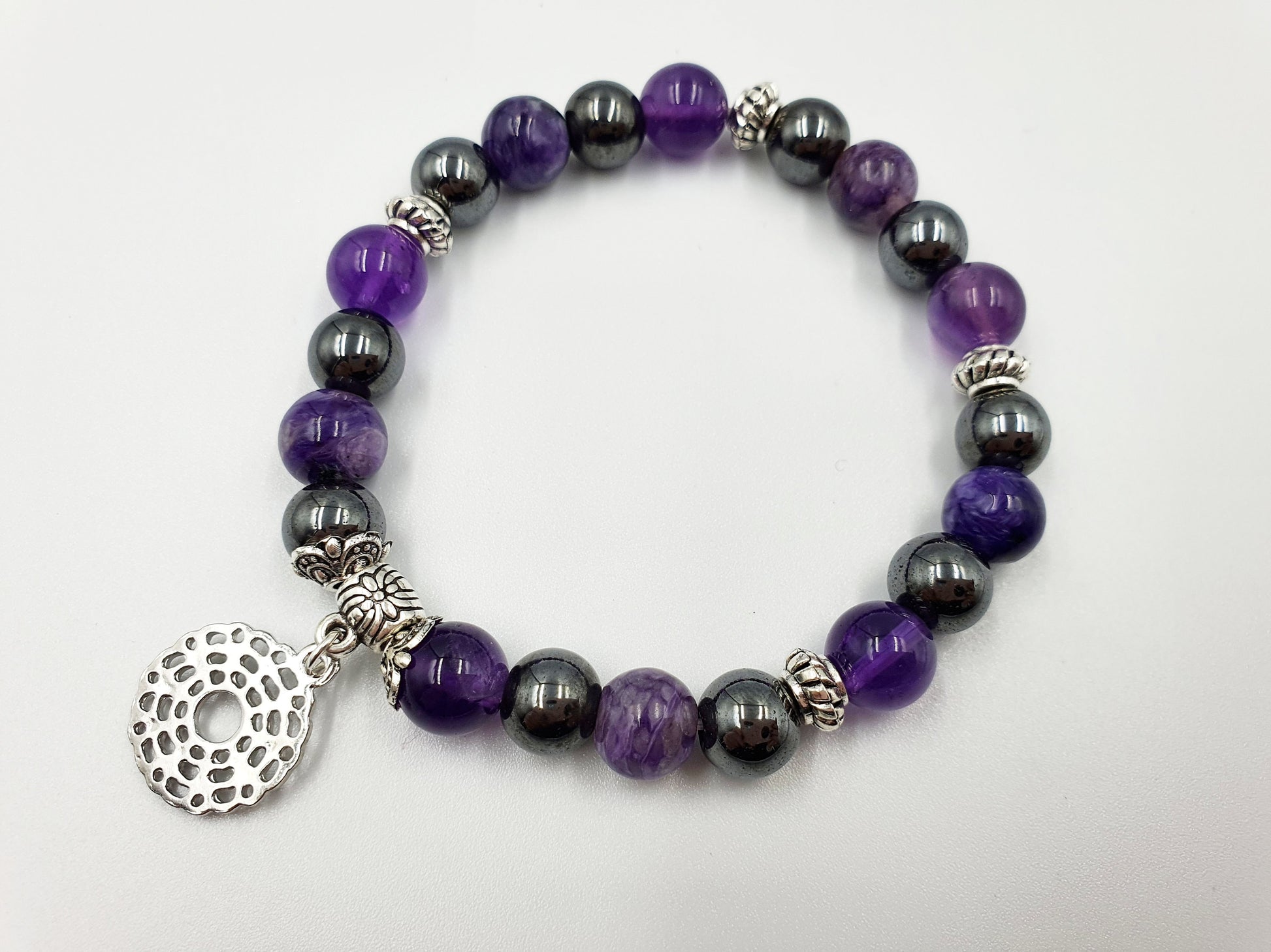 Insomnia Support Crystal Healing Bracelet with Chakra Charm (Amethyst, Hematite and Charoite)