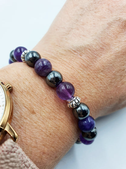 Insomnia Support Crystal Healing Bracelet with Chakra Charm (Amethyst, Hematite and Charoite)