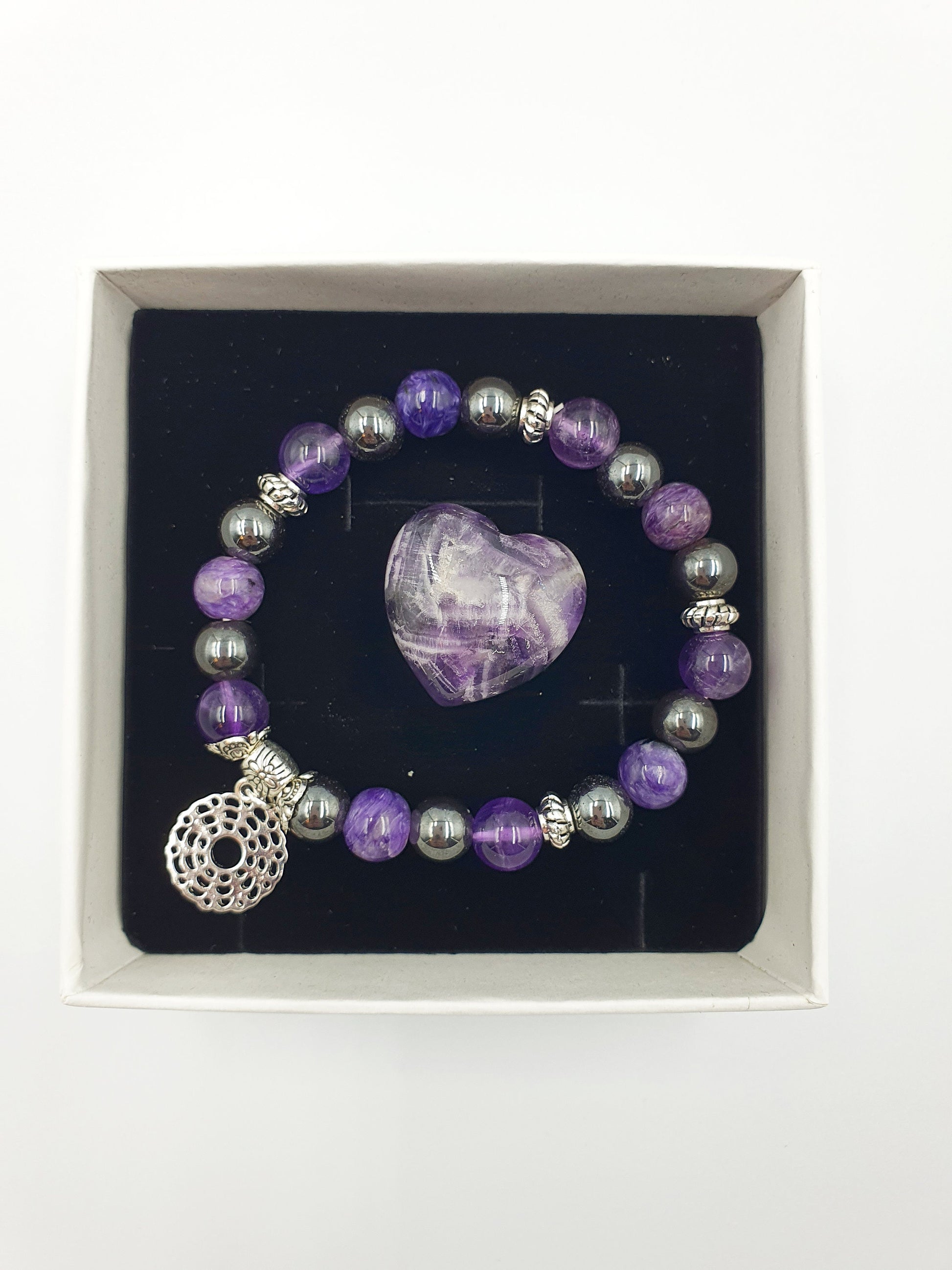 Insomnia Support Crystal Healing Bracelet with Chakra Charm (Amethyst, Hematite and Charoite)