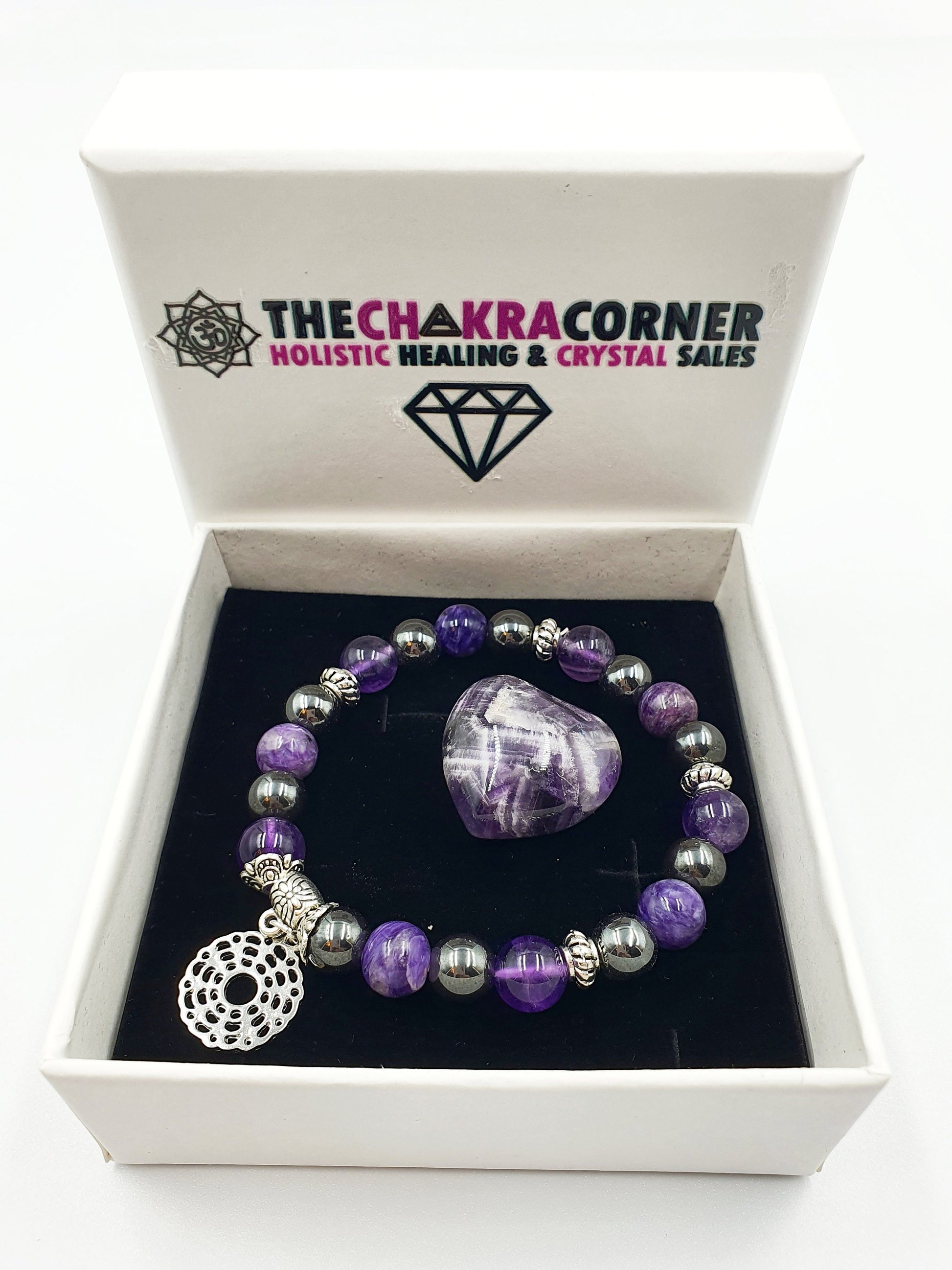Insomnia Support Crystal Healing Bracelet with Chakra Charm (Amethyst, Hematite and Charoite)