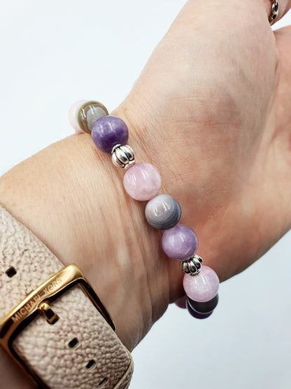 Depression Support Crystal Healing Bracelet with Chakra Charm (Kunzite, Lepidolite and Botswana Agate)