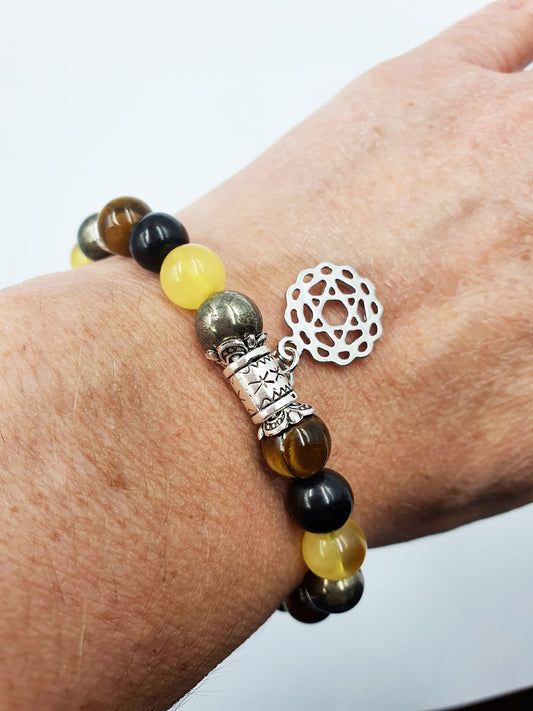 Asthma Crystal Healing Bracelet with Chakra Charm (Amber, pyrite, Tiger's Eye and Shungite)