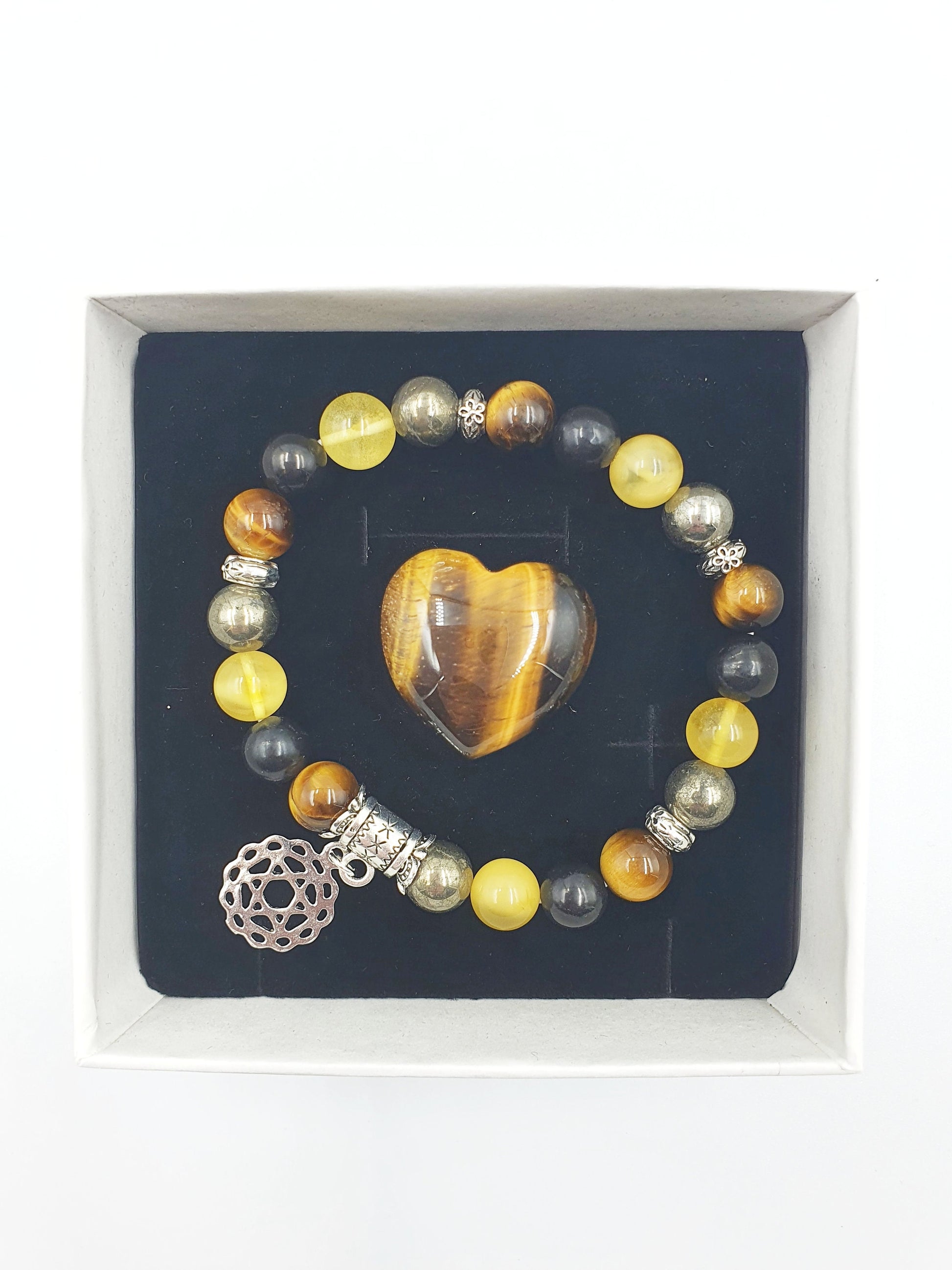 Asthma Crystal Healing Bracelet with Chakra Charm (Amber, pyrite, Tiger's Eye and Shungite)