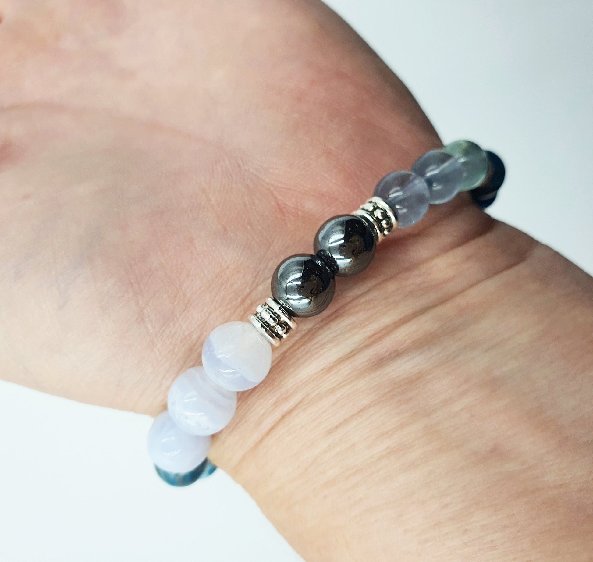 Arthritis Support Crystal Healing Bracelet with Chakra Charm (Blue Fluorite, Blue Apatite and Hematite)