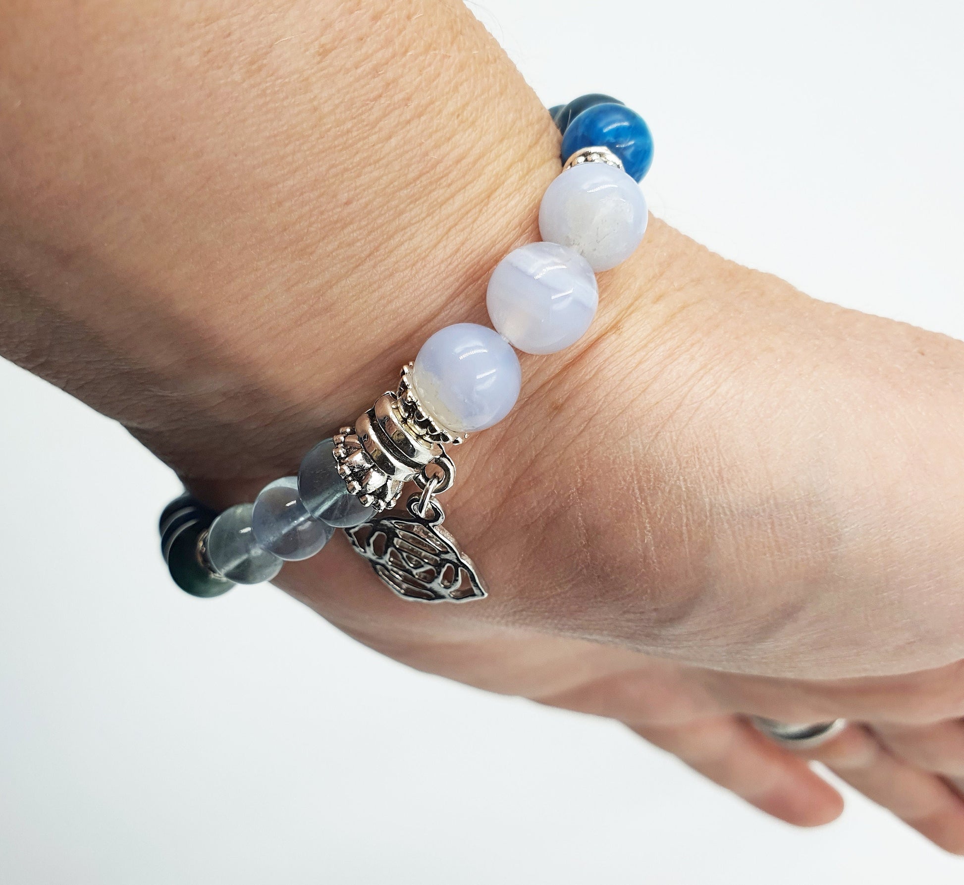 Arthritis Support Crystal Healing Bracelet with Chakra Charm (Blue Fluorite, Blue Apatite and Hematite)